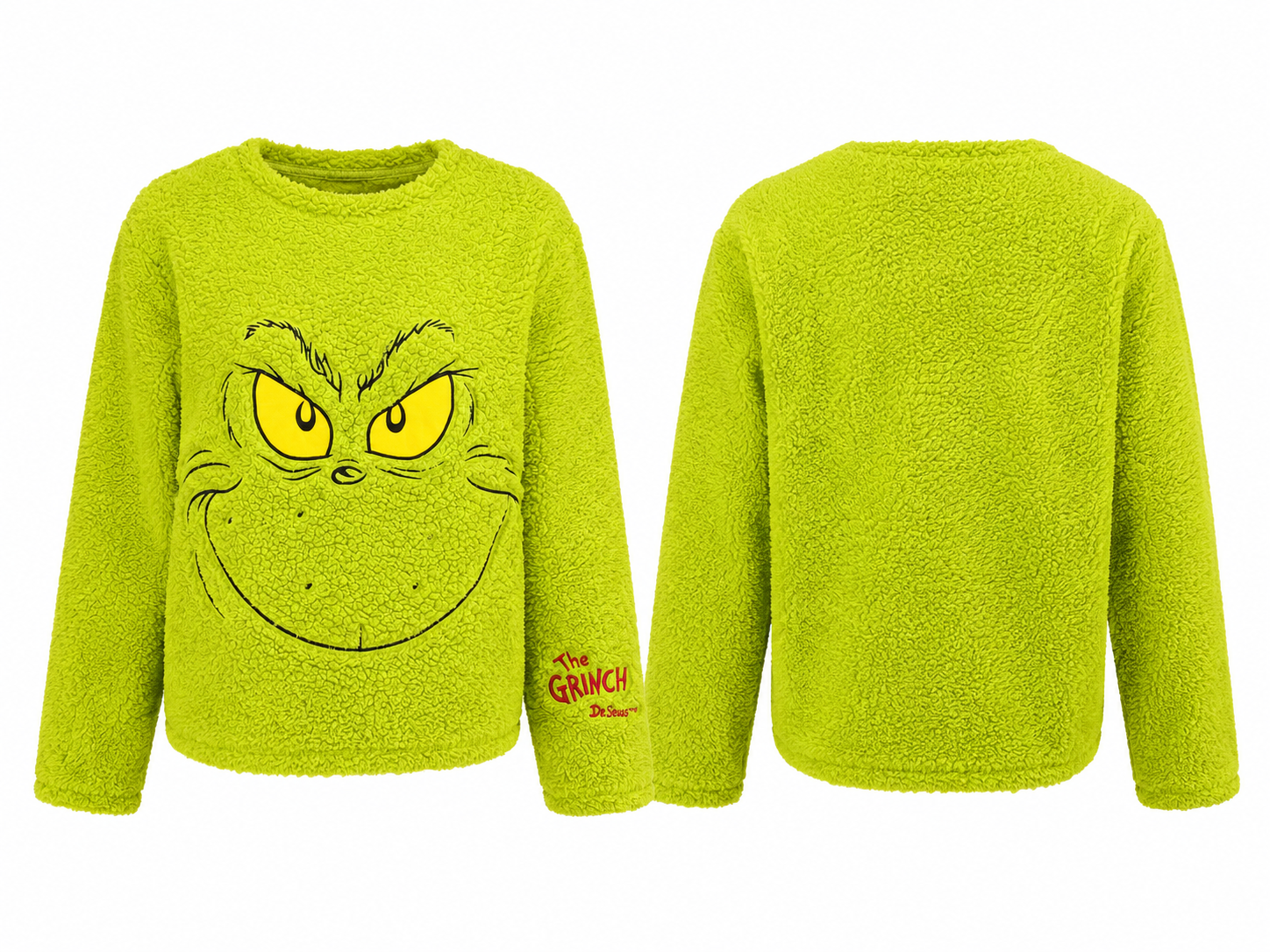  The Grinch neon green fleece sweatshirt in UK Size XL. Soft and cosy plush design featuring a fun Grinch face graphic, perfect for Christmas and winter wear.