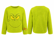  The Grinch neon green fleece sweatshirt in UK Size XL. Soft and cosy plush design featuring a fun Grinch face graphic, perfect for Christmas and winter wear.
