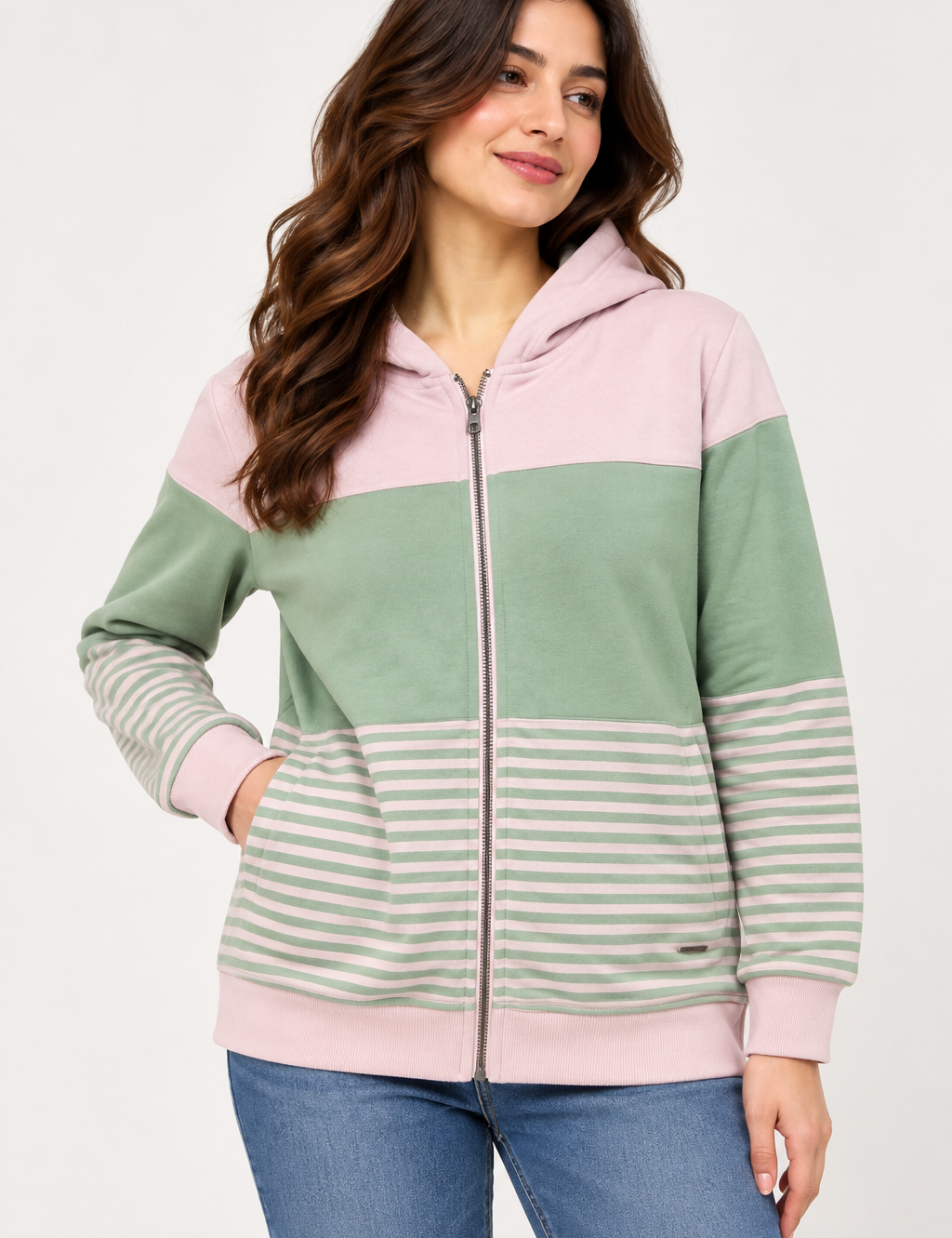  The Roadster Life women’s pastel mint green & pink striped zip-up hoodie in UK Size M. Stylish hooded design for comfortable casual everyday wear.