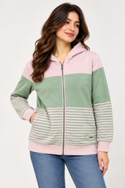  The Roadster Life women’s pastel mint green & pink striped zip-up hoodie in UK Size M. Stylish hooded design for comfortable casual everyday wear.