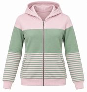  The Roadster Life women’s pastel mint green & pink striped zip-up hoodie in UK Size M. Stylish hooded design for comfortable casual everyday wear.