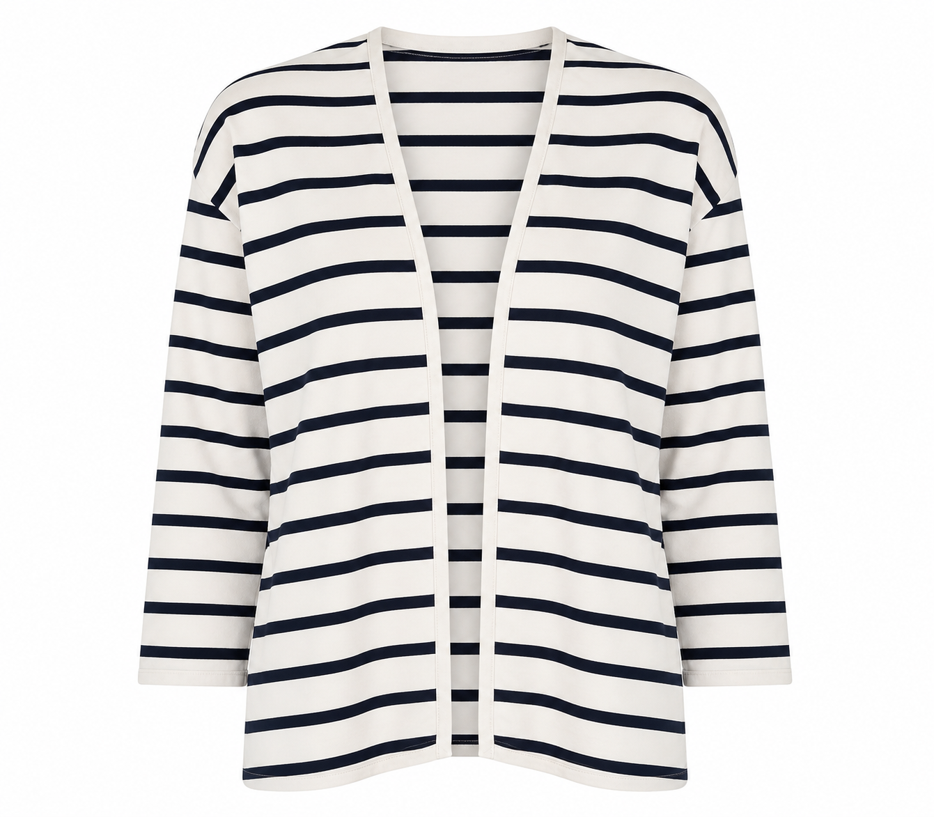 The White Company striped open-front cardigan in UK Size S. Cream and navy design, versatile 3/4 sleeves and timeless style.