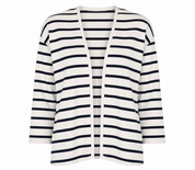 The White Company striped open-front cardigan in UK Size S. Cream and navy design, versatile 3/4 sleeves and timeless style.