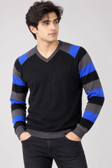 TIS&AIA Men Black V-Neck Striped Sleeve Jumper
