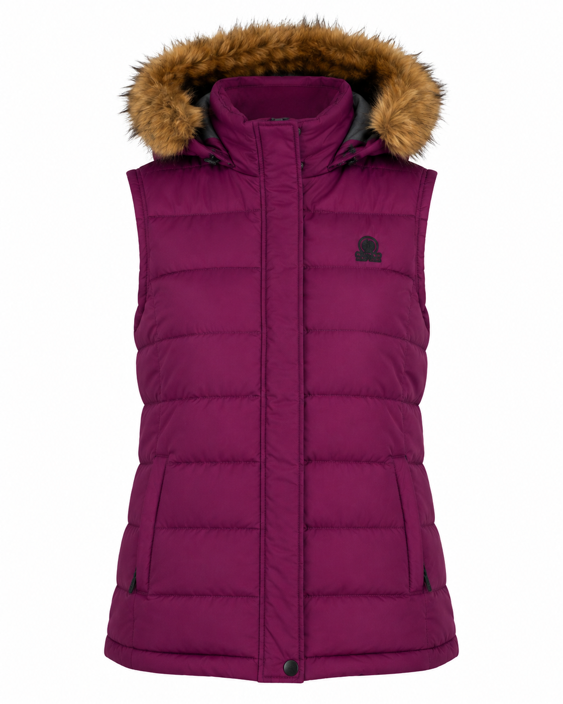TOG 24 women's purple puffer gilet, UK size 18, with a cosy faux-fur-trimmed hood, quilted padding and practical pockets. Stylish winter layering piece.