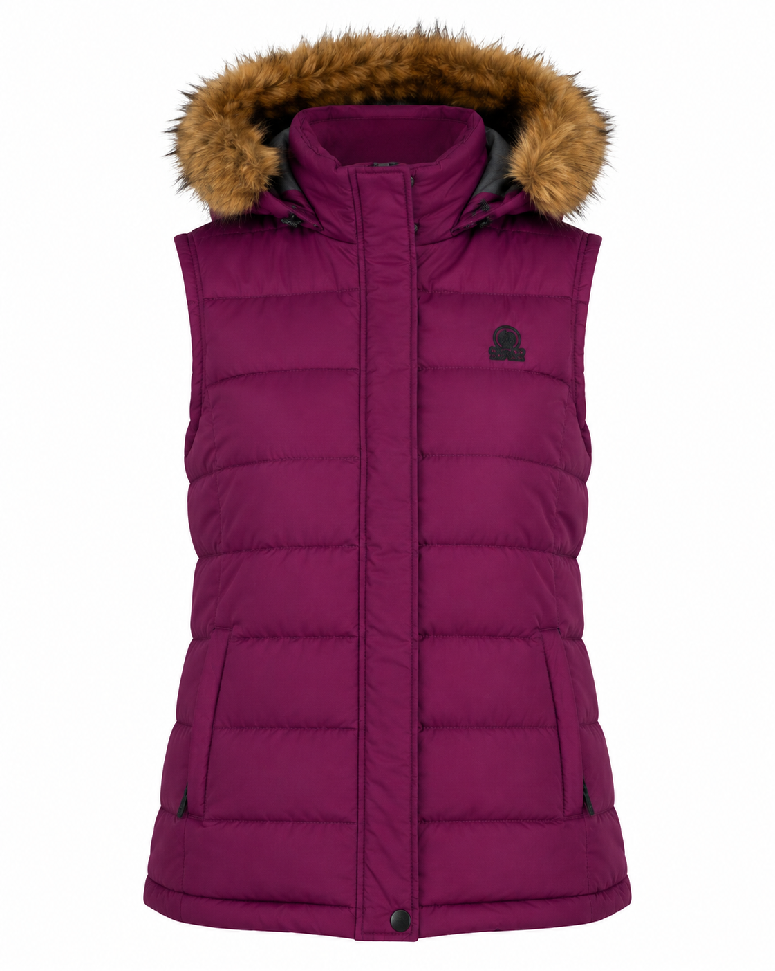 TOG 24 women's purple puffer gilet, UK size 18, with a cosy faux-fur-trimmed hood, quilted padding and practical pockets. Stylish winter layering piece.