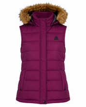 TOG 24 women's purple puffer gilet, UK size 18, with a cosy faux-fur-trimmed hood, quilted padding and practical pockets. Stylish winter layering piece.