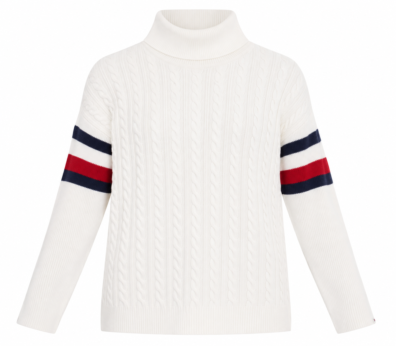  Tommy Hilfiger women’s cream cable knit turtleneck jumper in UK size M, featuring navy and red sleeve stripes. Stylish and cosy for everyday wear.