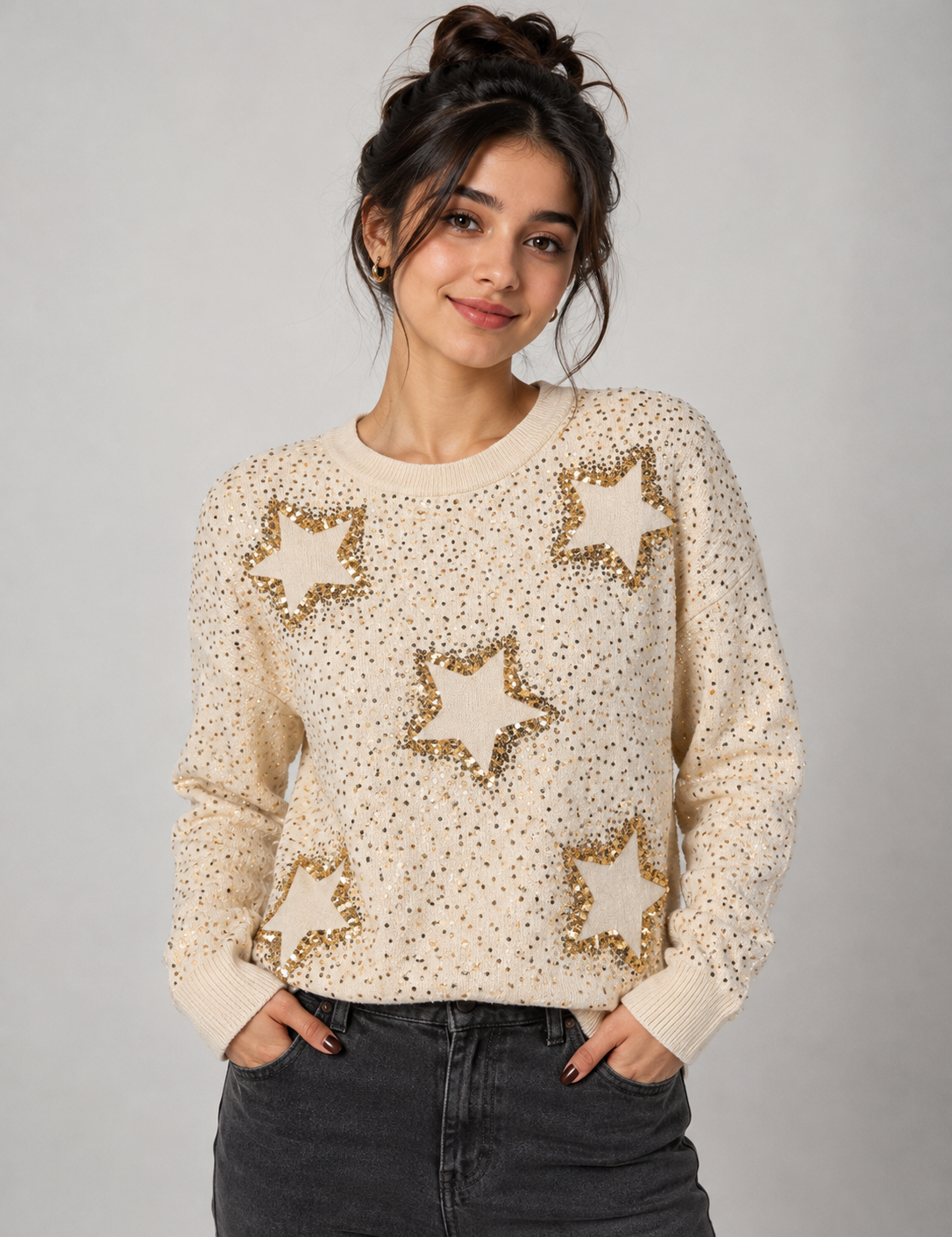 TOP SHOP cream sequin star jumper in UK size 16, featuring glamorous gold star embellishments and a stylish knitted design. Perfect for festive and casual outfits.