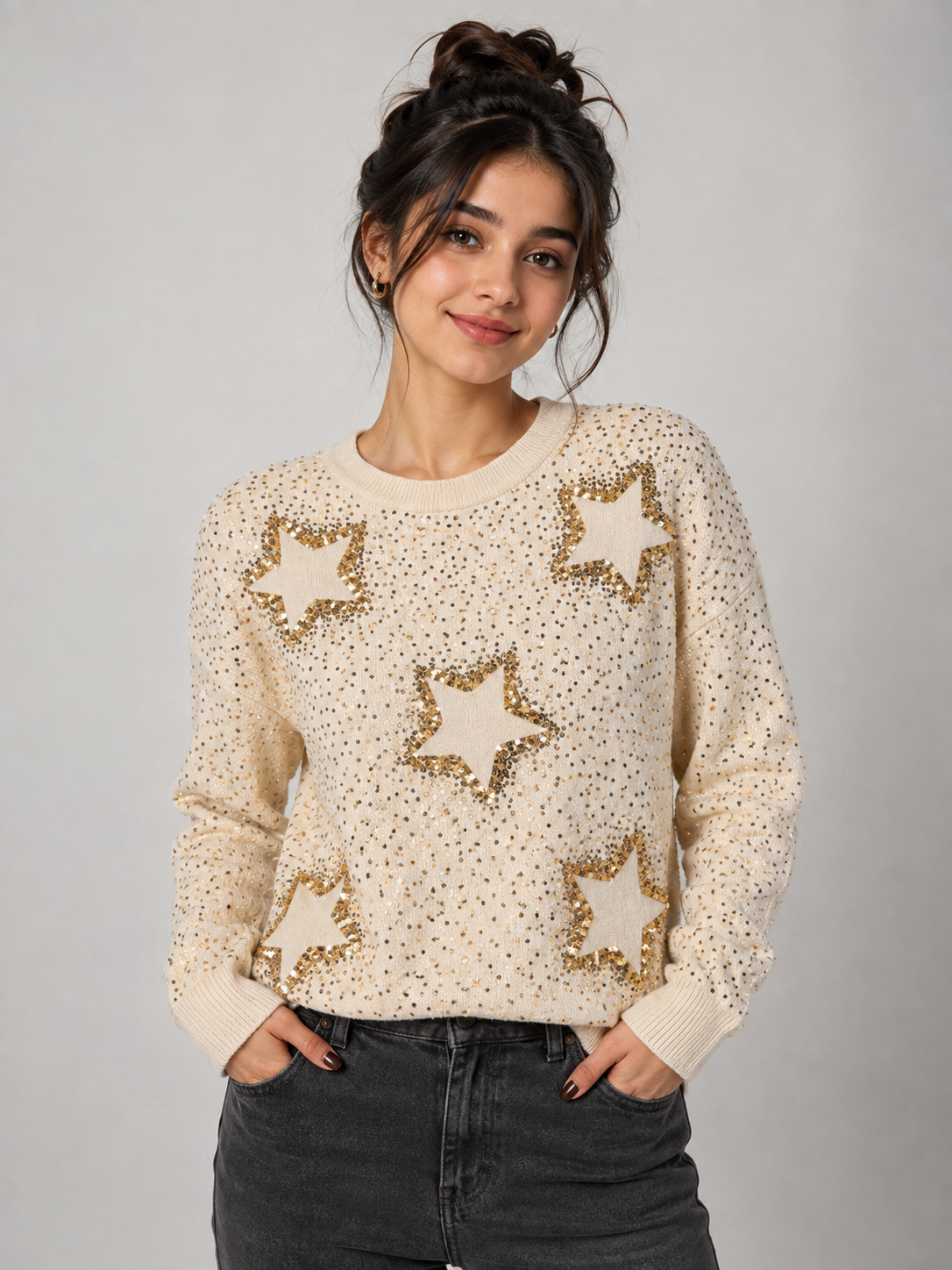 TOP SHOP cream sequin star jumper in UK size 16, featuring glamorous gold star embellishments and a stylish knitted design. Perfect for festive and casual outfits.