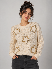 TOP SHOP cream sequin star jumper in UK size 16, featuring glamorous gold star embellishments and a stylish knitted design. Perfect for festive and casual outfits.