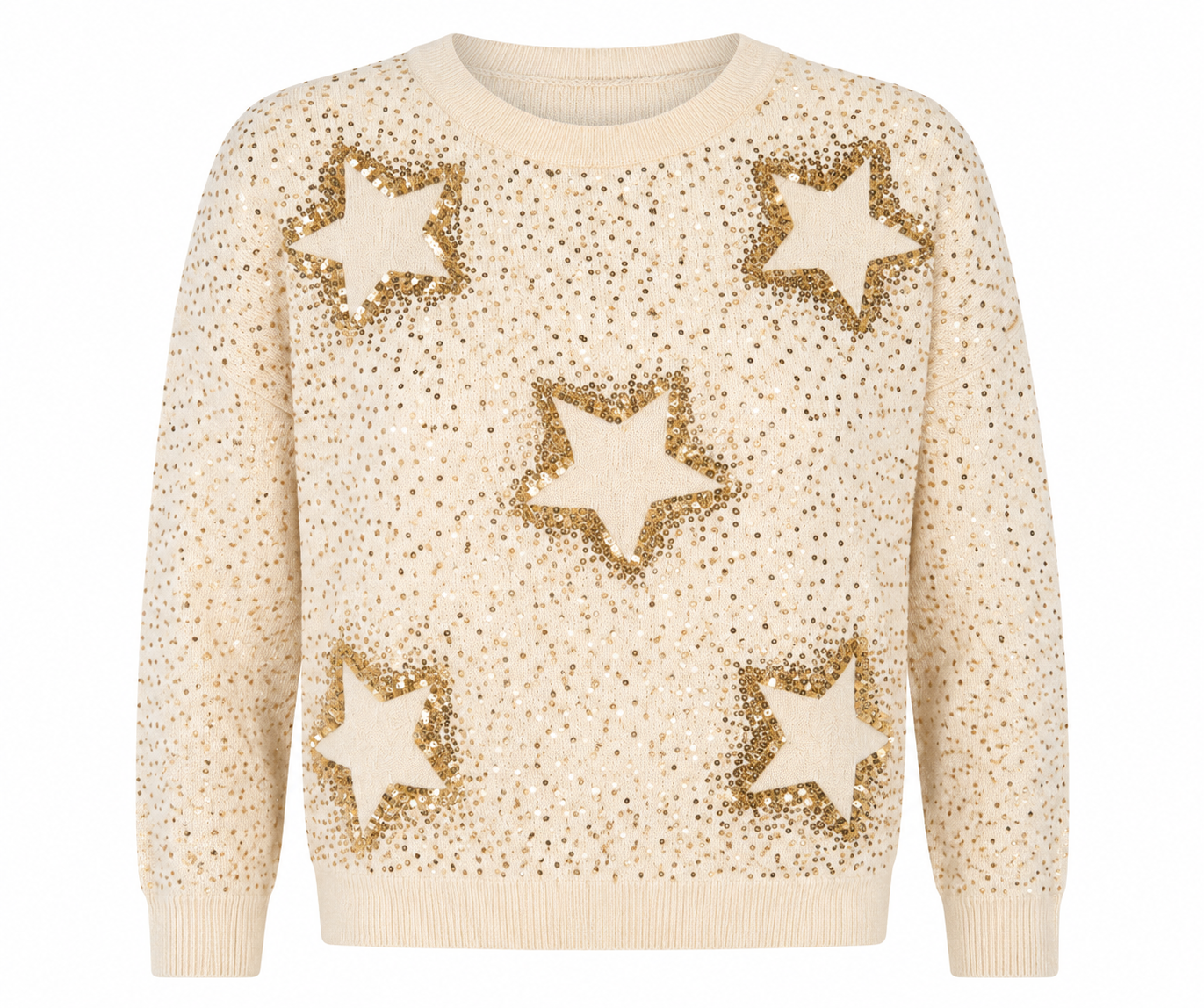 TOP SHOP cream sequin star jumper in UK size 16, featuring glamorous gold star embellishments and a stylish knitted design. Perfect for festive and casual outfits.