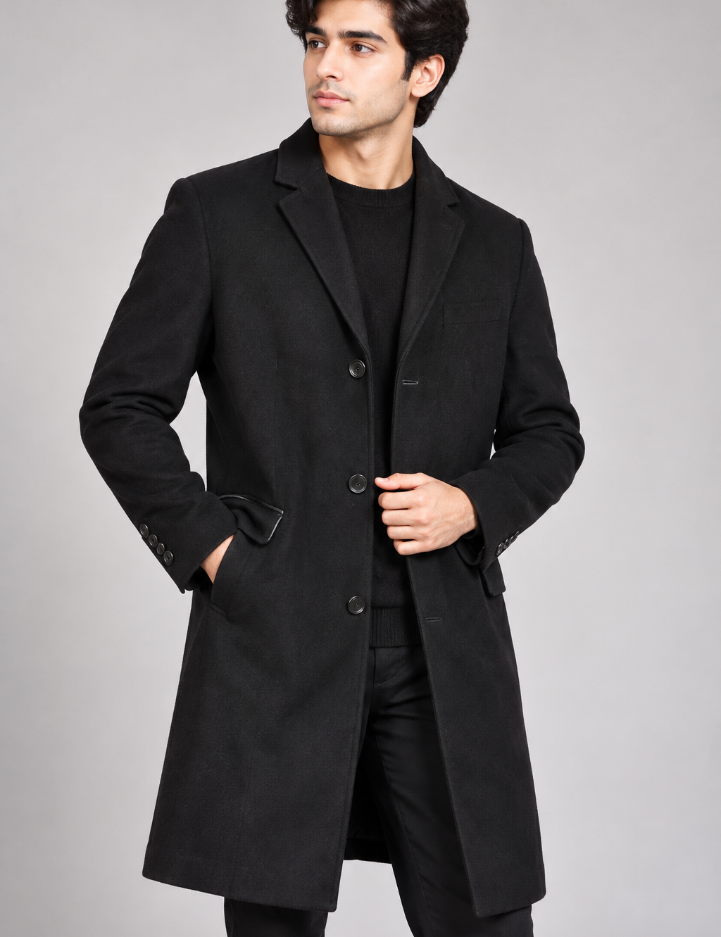 TOPMAN men’s black long overcoat in UK Size M. A smart tailored button-front coat ideal for formal, office, evening and winter wear.