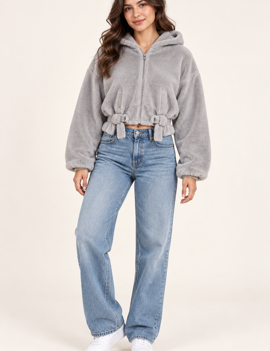   Topshop grey cropped teddy fleece hooded jacket in UK size 6. Soft, warm and stylish with zip closure, pockets and waist tie details.