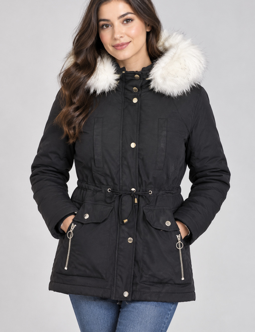  Topshop women’s black winter parka coat in UK size 10, featuring a cosy faux-fur hood, adjustable waist and practical pockets.
