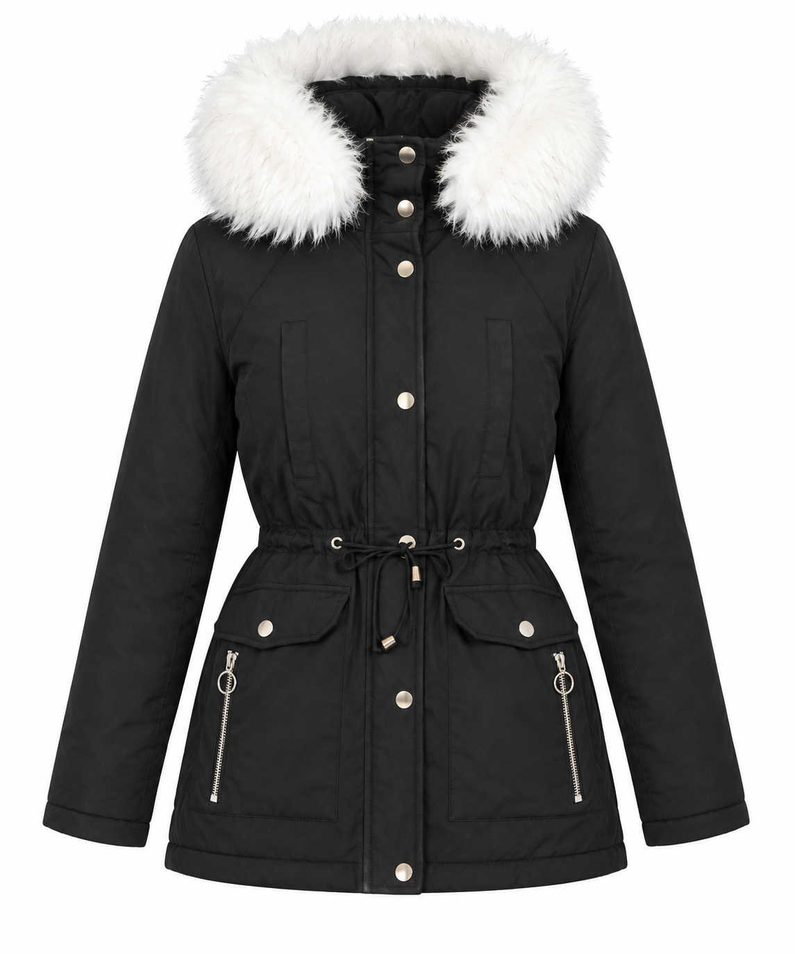  Topshop women’s black winter parka coat in UK size 10, featuring a cosy faux-fur hood, adjustable waist and practical pockets.