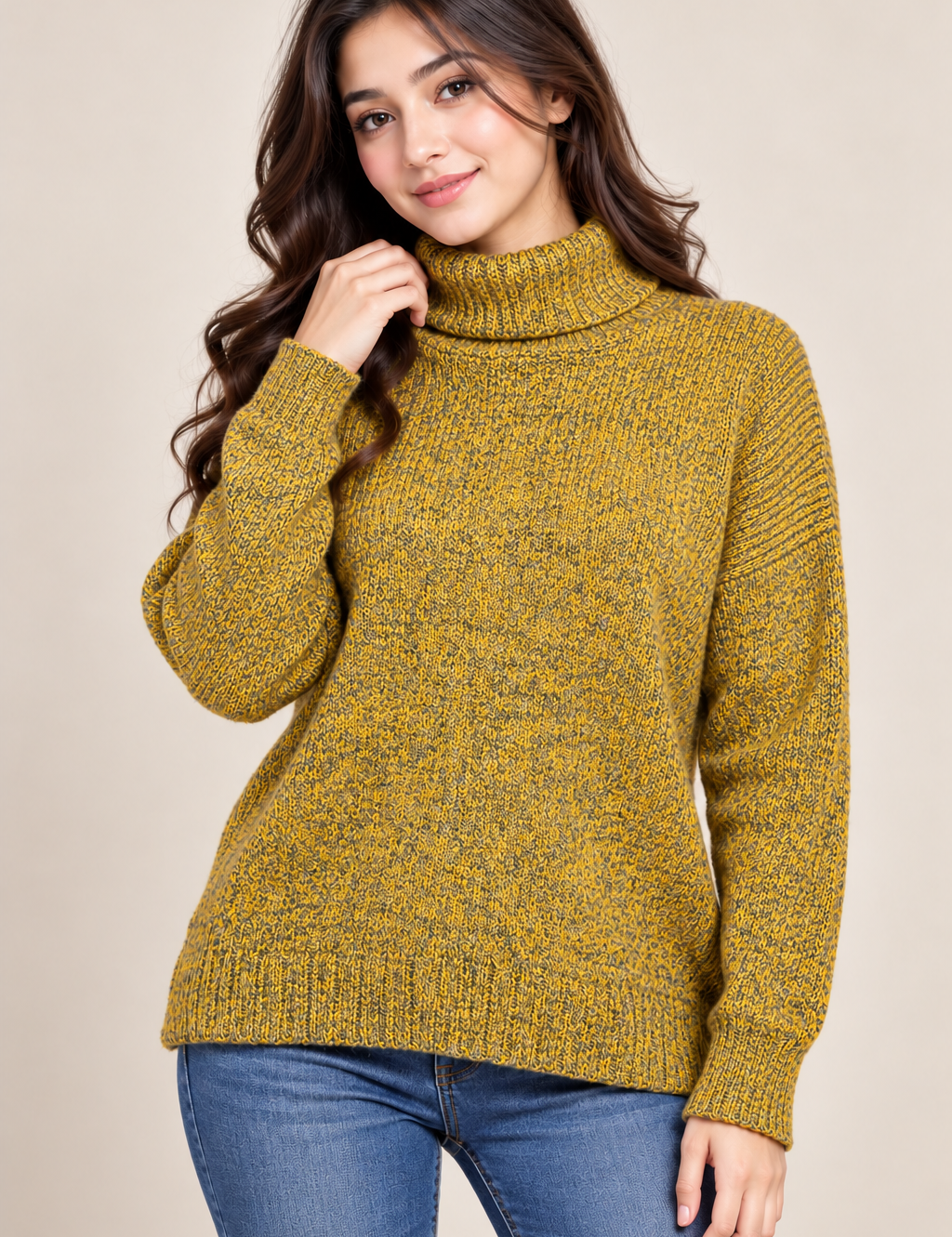 TOPSHOP Women’s Mustard Yellow Marl Turtleneck Knit Jumper in UK Size M. Cosy long-sleeve knitwear with a relaxed fit for autumn and winter.
