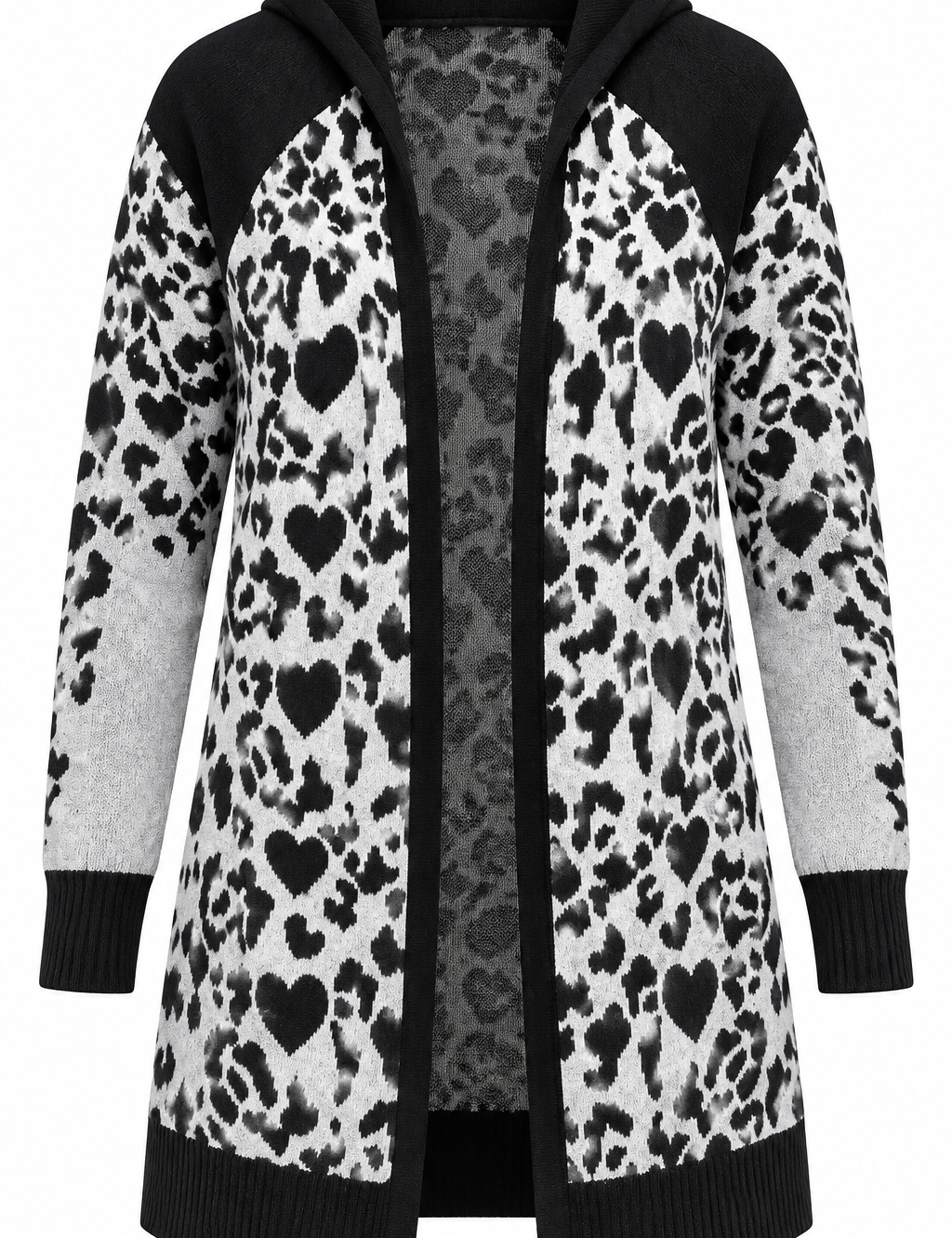  Topshop women’s black, grey & white animal heart print open-front cardigan in UK Size 8. Stylish long-sleeve layering piece for casual wear.