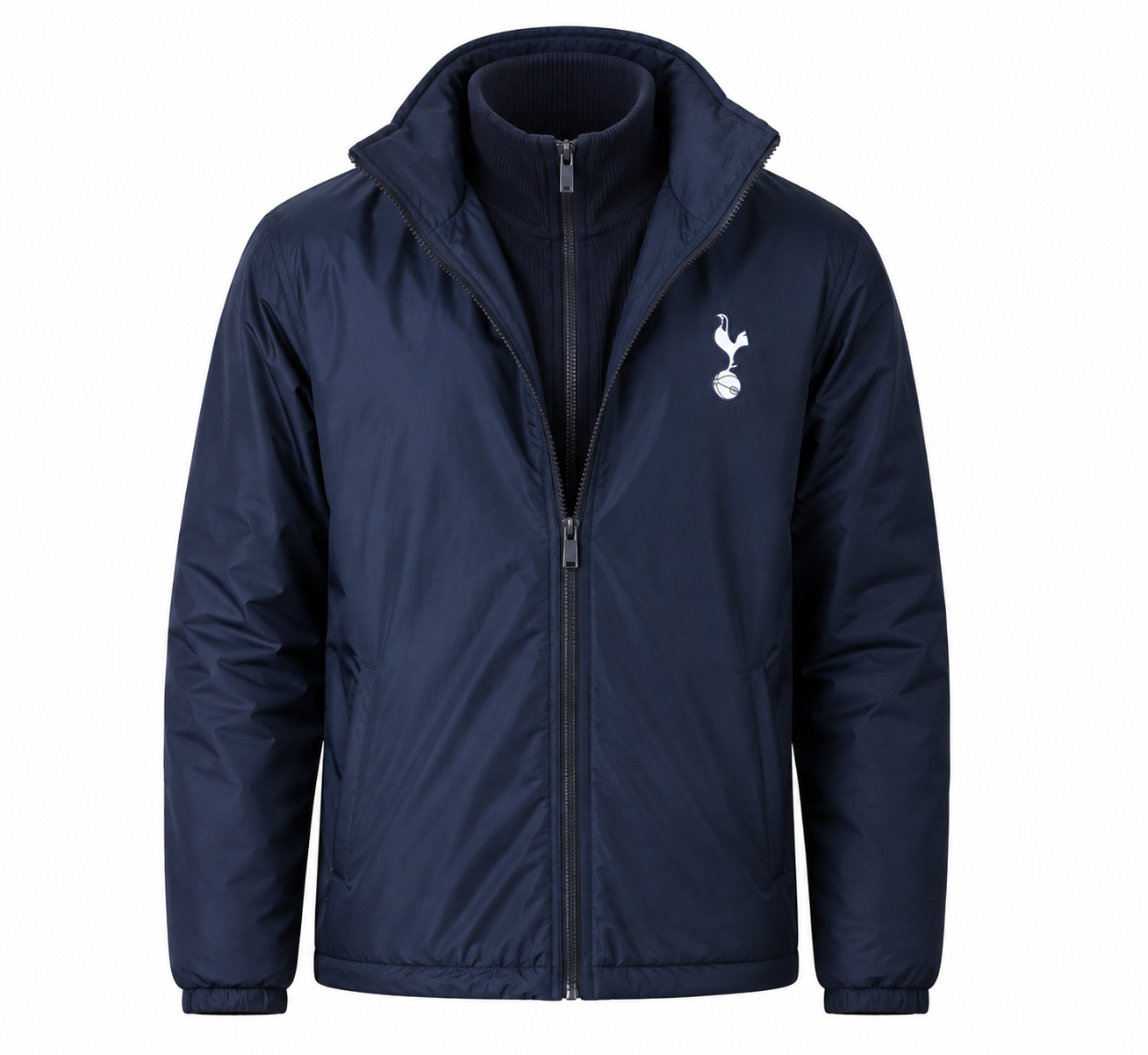   Tottenham Hotspur navy padded jacket in UK size M. Warm, stylish and practical design featuring a hood, full zip and side pockets.