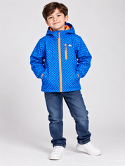 TRESPASS Boys Blue Checkered Hooded Jacket in UK Size 5–6 Years. Features orange zip details, attached hood and sporty design for everyday wear.