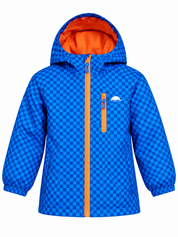 TRESPASS Boys Blue Checkered Hooded Jacket in UK Size 5–6 Years. Features orange zip details, attached hood and sporty design for everyday wear.