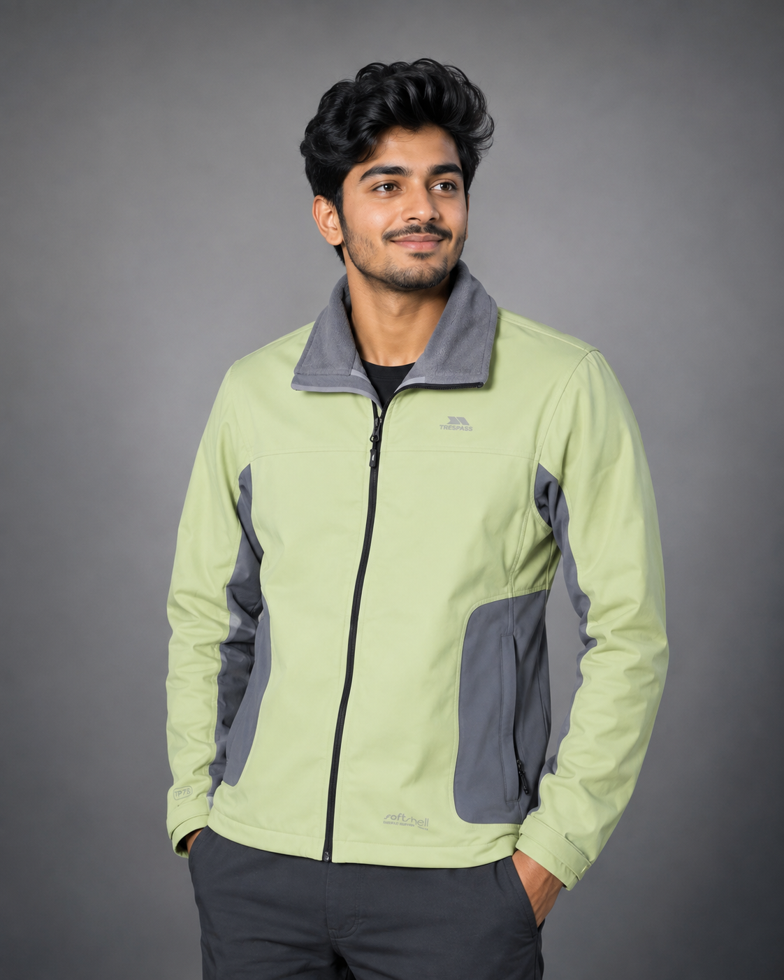 Trespass Men's Softshell Jacket featuring a lightweight, windproof and water-resistant design with a fleece-lined collar and zip pockets. Ideal for hiking, outdoor adventures and everyday wear. Premium quality from UK HandPicked.