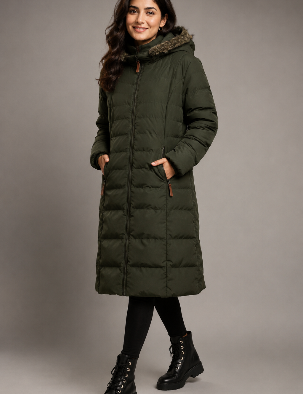  Trespass women’s olive green long puffer coat, UK size L, featuring a warm quilted design, faux-fur hood and zipped pockets. Perfect for winter.