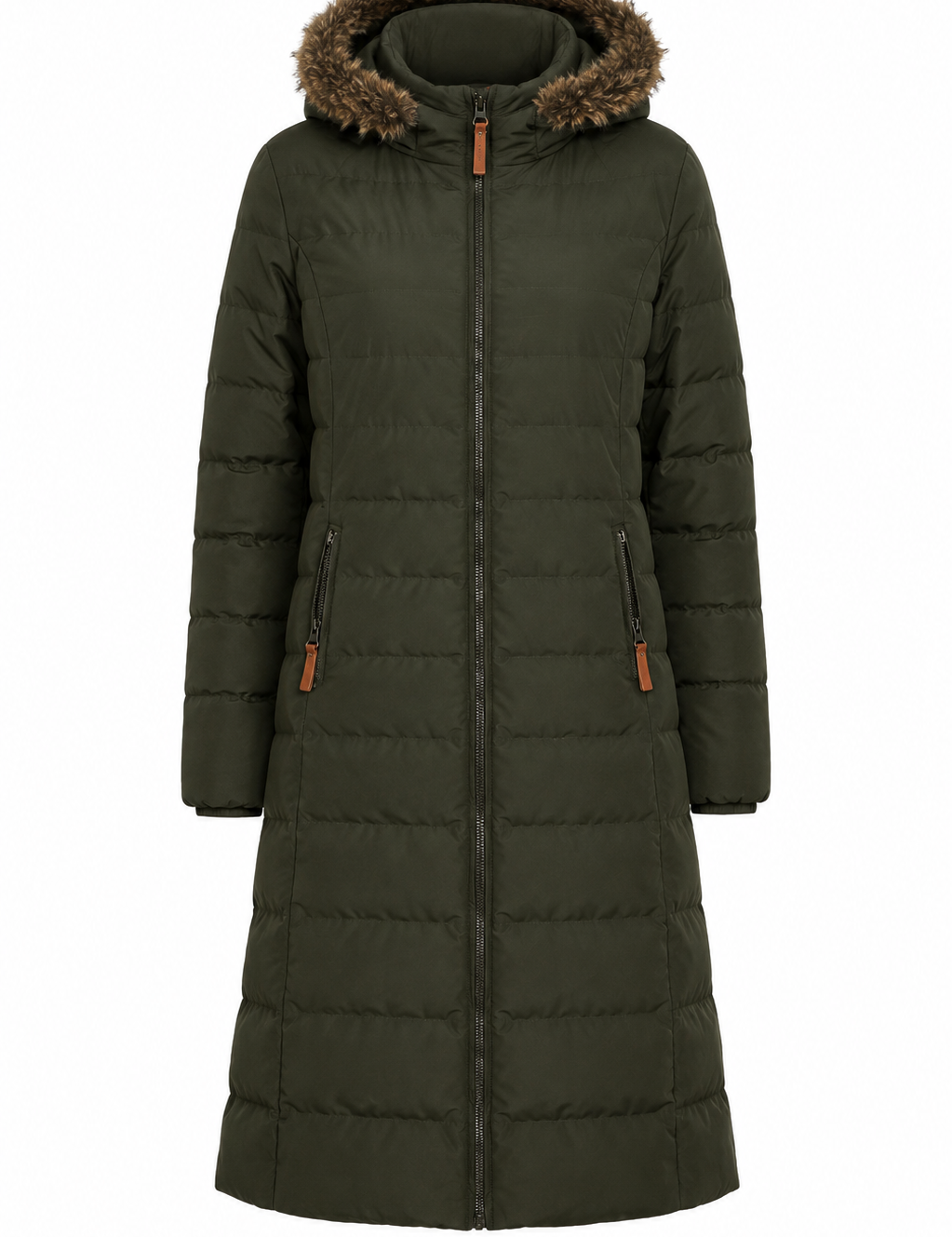  Trespass women’s olive green long puffer coat, UK size L, featuring a warm quilted design, faux-fur hood and zipped pockets. Perfect for winter.