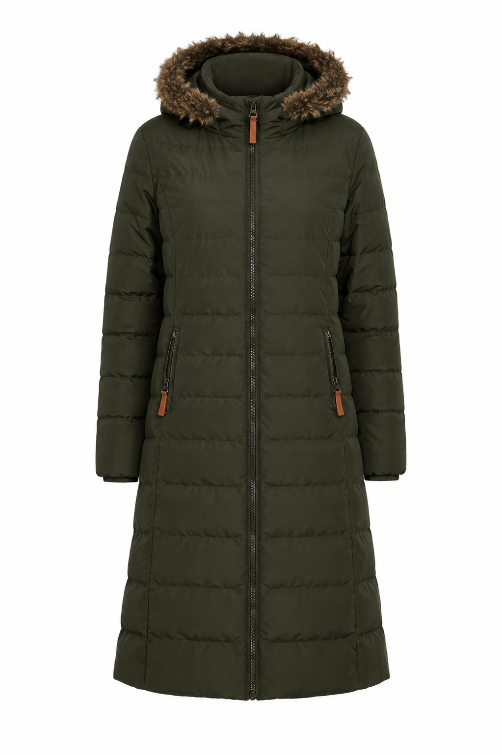  Trespass women’s olive green long puffer coat, UK size L, featuring a warm quilted design, faux-fur hood and zipped pockets. Perfect for winter.