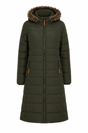  Trespass women’s olive green long puffer coat, UK size L, featuring a warm quilted design, faux-fur hood and zipped pockets. Perfect for winter.