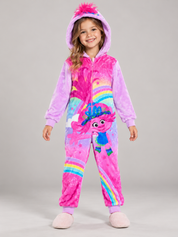  Trolls Poppy hooded fleece onesie for girls, UK 4–5 years. Pink and lilac with rainbow prints, a front zip and cosy cuffed sleeves.