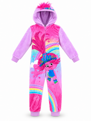 Trolls Poppy hooded fleece onesie for girls, UK 4–5 years. Pink and lilac with rainbow prints, a front zip and cosy cuffed sleeves.