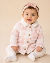  TU Baby Girls Pink & White Check Coat in UK 9-12 Months. Featuring a cosy sherpa collar, button fastening and stylish checked design.