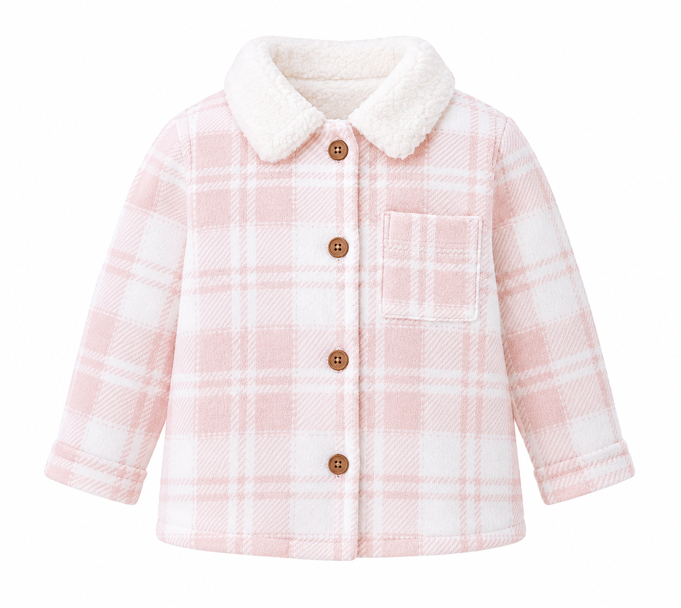  TU Baby Girls Pink & White Check Coat in UK 9-12 Months. Featuring a cosy sherpa collar, button fastening and stylish checked design.