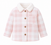 TU Baby Girls Pink & White Check Coat in UK 9-12 Months. Featuring a cosy sherpa collar, button fastening and stylish checked design.