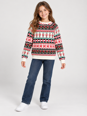  Tu girls’ Christmas jumper, age 10 years, with colourful Fair Isle patterns, nutcracker motifs, long sleeves and cream ribbed trims.