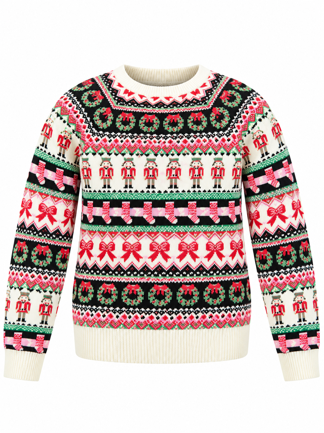 Tu girls’ Christmas jumper, age 10 years, with colourful Fair Isle patterns, nutcracker motifs, long sleeves and cream ribbed trims.
