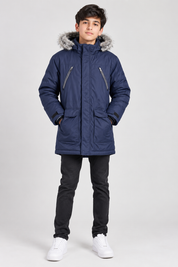 TU KIDS Boys Navy Blue Padded Winter Parka Coat with Faux Fur Hood, multiple pockets and adjustable cuffs. UK size 13–14 years. Ideal for winter.