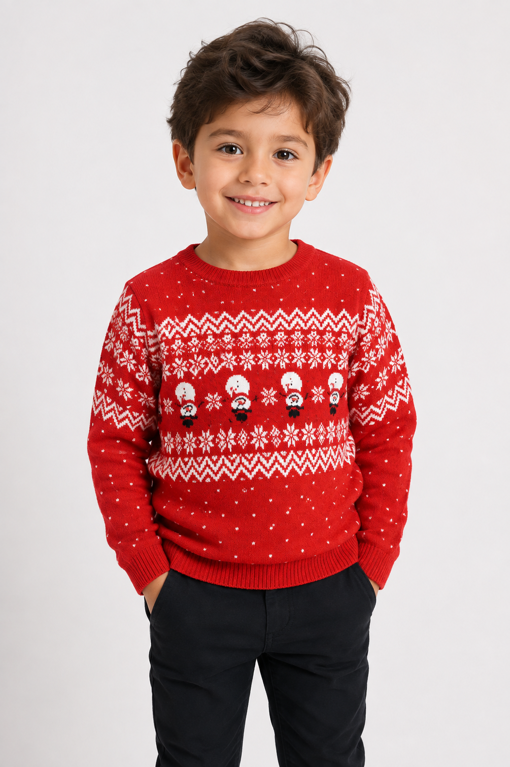  Tu Kids boys' red Christmas sweater in UK size 5 years, featuring a festive snowman Fair Isle design and cosy long sleeves.