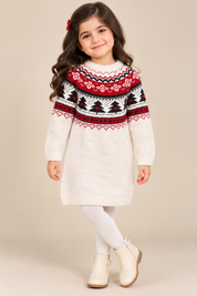  TU Kids girls Fair Isle knitted sweater dress in cream, red & black, UK size 4–5 years. A warm and stylish winter outfit for kids.
