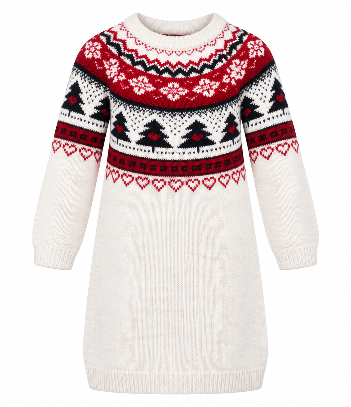  TU Kids girls Fair Isle knitted sweater dress in cream, red & black, UK size 4–5 years. A warm and stylish winter outfit for kids.
