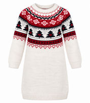  TU Kids girls Fair Isle knitted sweater dress in cream, red & black, UK size 4–5 years. A warm and stylish winter outfit for kids.