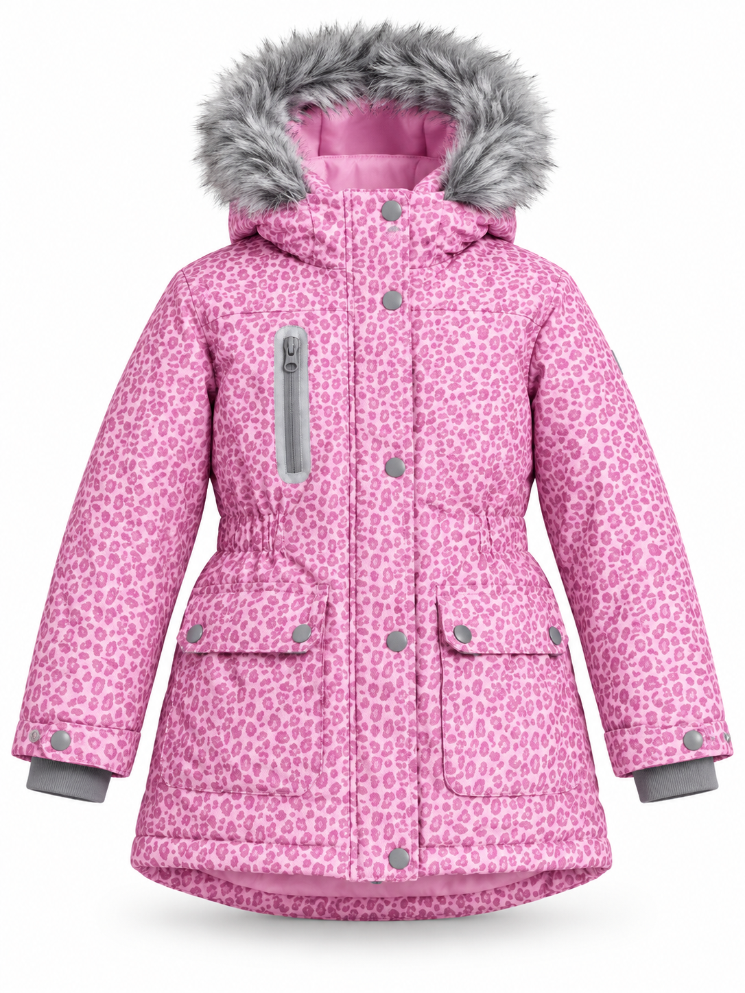   Tu Kids girls’ pink leopard print parka coat in UK 9–10 years, featuring a faux fur-trimmed hood, grey details and practical pockets.