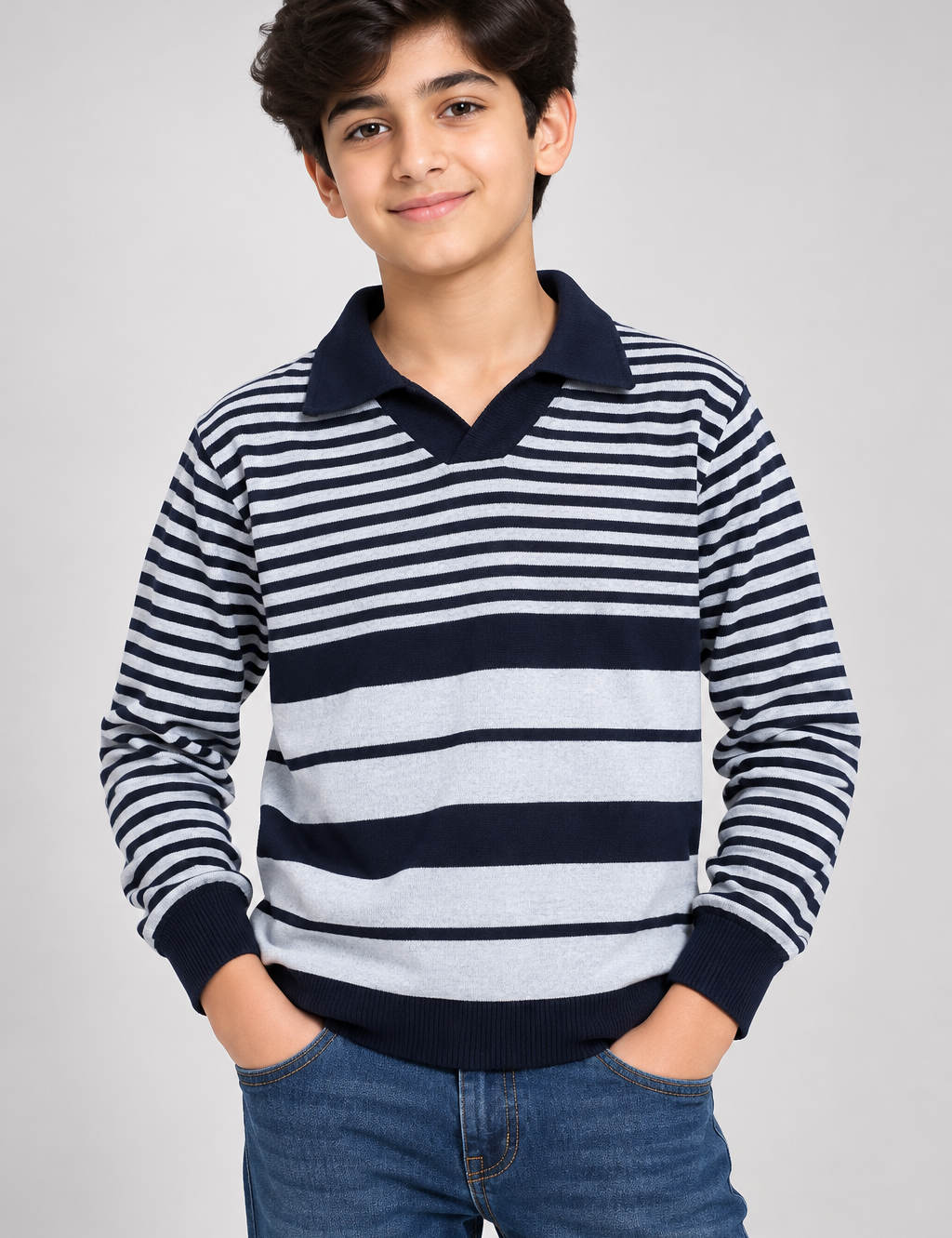 TU Kids navy and grey striped collared jumper in UK Size S. A comfortable long-sleeve sweater perfect for casual wear and winter layering.
