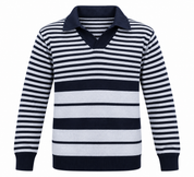 TU Kids navy and grey striped collared jumper in UK Size S. A comfortable long-sleeve sweater perfect for casual wear and winter layering.