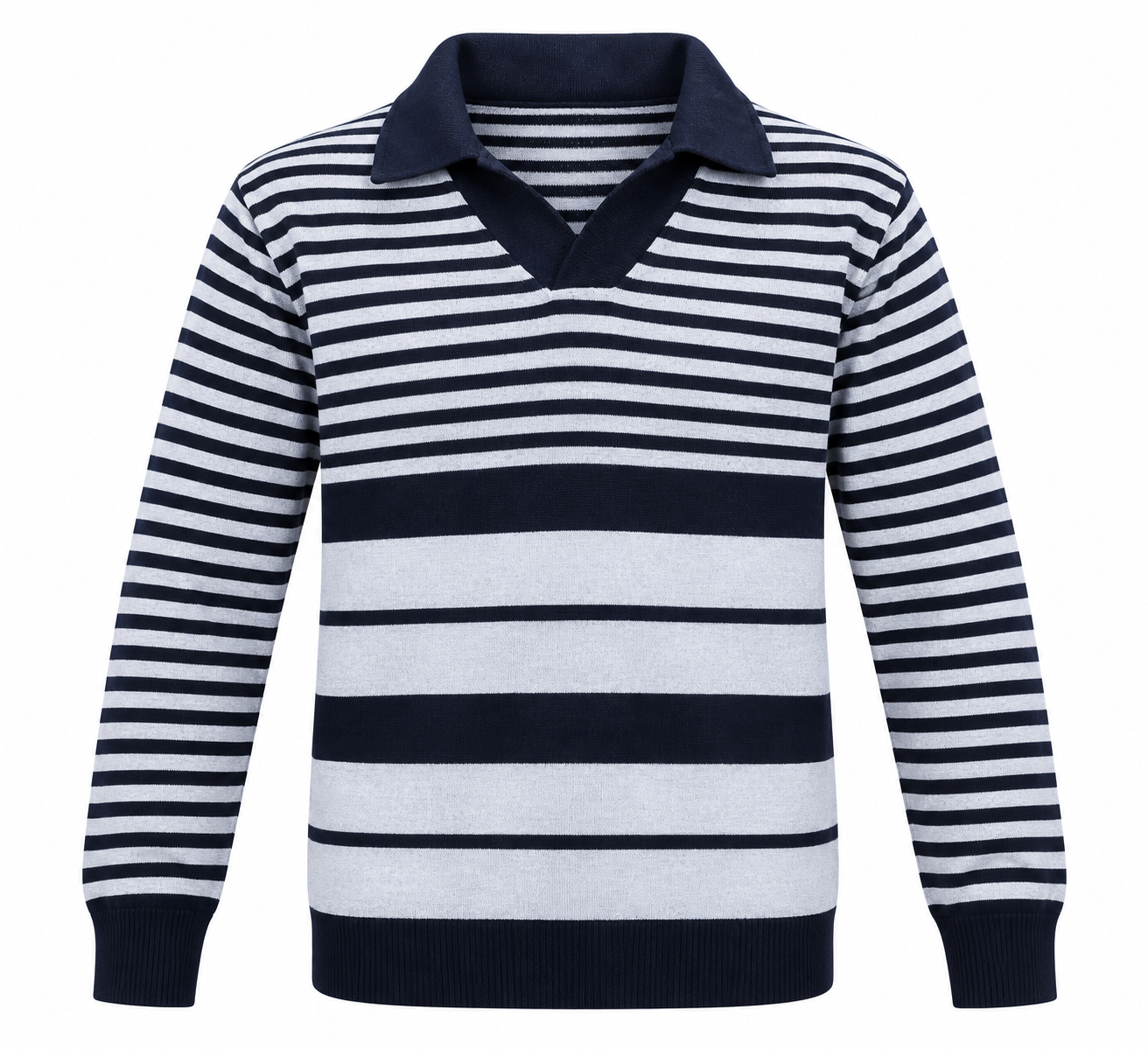 TU Kids navy and grey striped collared jumper in UK Size S. A comfortable long-sleeve sweater perfect for casual wear and winter layering.