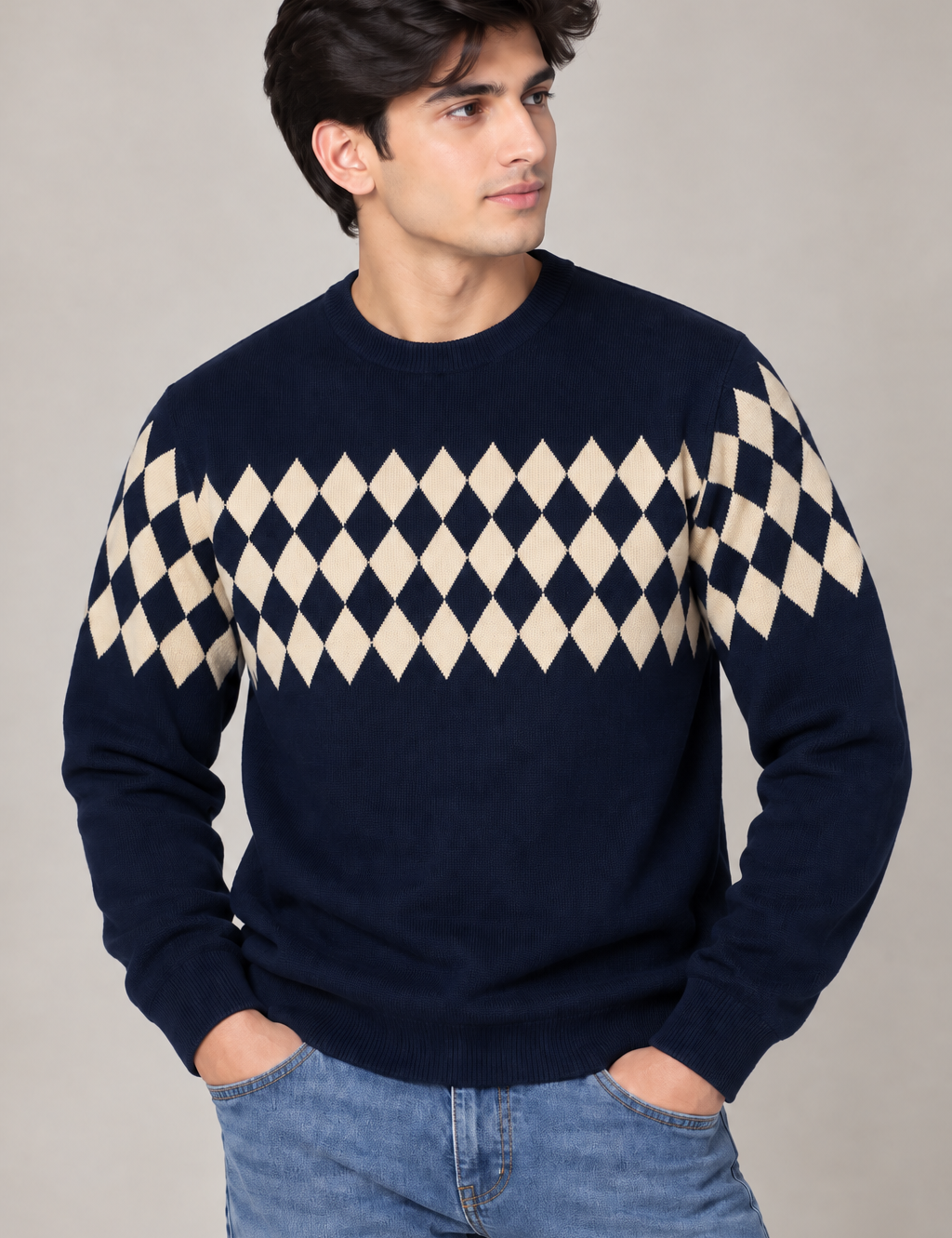 TU MAN Men’s Navy Blue Argyle Knit Jumper in UK Size M. Classic cream diamond pattern, crew neck and long sleeves for a smart-casual look.
