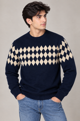 TU MAN Men Navy Blue Argyle Knit Crew Neck Jumper