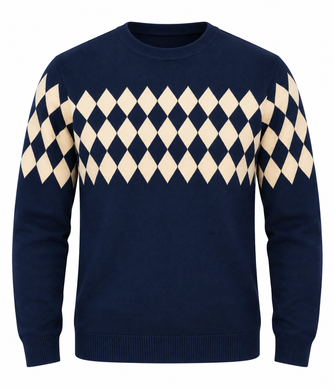 TU MAN Men’s Navy Blue Argyle Knit Jumper in UK Size M. Classic cream diamond pattern, crew neck and long sleeves for a smart-casual look.