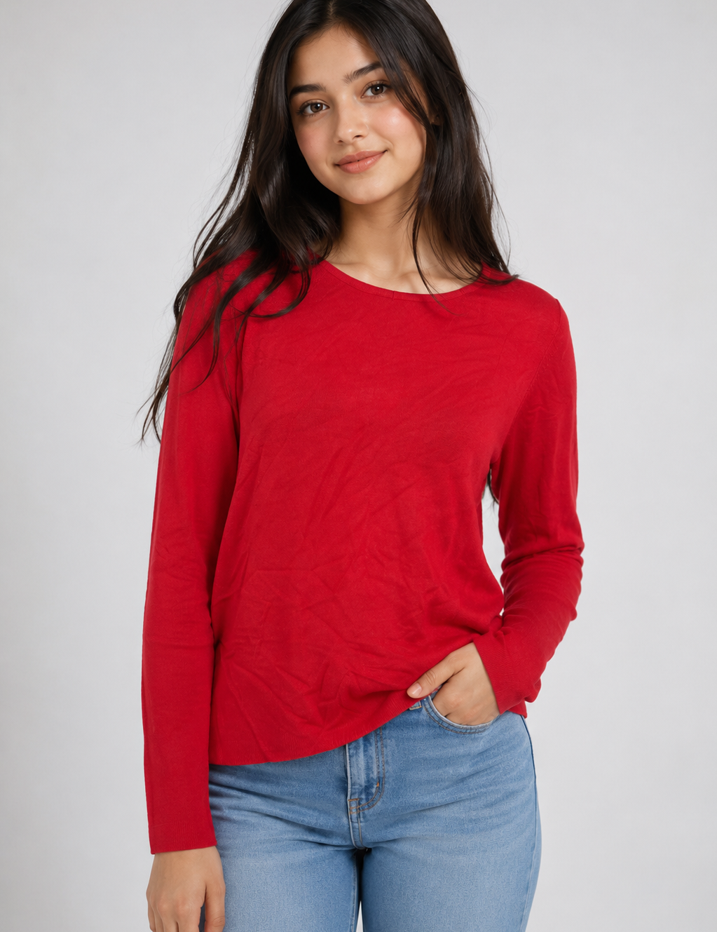 TU red long sleeve crew neck sweater in UK Size 16. A versatile and comfortable women's sweater, perfect for casual and everyday styling.